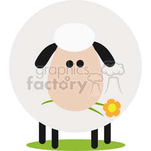 This clipart image features a stylized cartoon sheep standing on a green surface, presumably to represent grass. The sheep has a large round white body, a peach-colored face with two black eyes, and two black ears drooping from the top of its head. The sheep's legs are black and straight, representing a very simplified and cute visual style. Additionally, the sheep is holding a yellow flower with green leaves in its mouth, adding a charming and whimsical element to the image.
