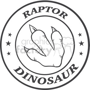 The clipart image depicts a stylized raptor dinosaur paw print in the center of a circular emblem. The text RAPTOR is arched across the top of the circle, and DINOSAUR is arched along the bottom. There are small star shapes flanking the left and right sides within the circle, which add decorative elements to the design.