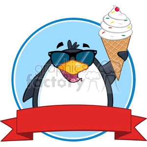 The clipart image features a cartoon penguin wearing sunglasses and holding a large vanilla ice cream cone with sprinkles and a cherry on top. The penguin is depicted with a playful and happy expression, its beak open as if excited about the ice cream. The background consists of a blue circular frame, and there is a red ribbon banner at the bottom, which is empty and could be used for text or a message.