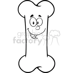 The image is a black and white clipart of a cartoon bone with a funny face. The bone is drawn with a large, rounded shape that looks like a typical dog bone and is personified with two large, round eyes and a smiling mouth with teeth showing. This anthropomorphic portrayal gives the bone a whimsical and humorous appearance, often used in media to appeal to a young audience or for educational purposes emphasizing humor.