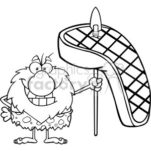 black and white smiling male caveman cartoon mascot character holding a spear with big grilled steak vector illustration
