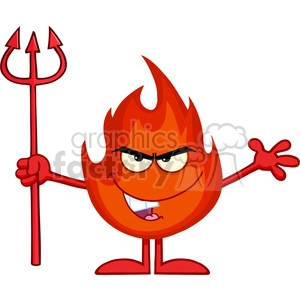 Royalty Free RF Clipart Illustration Evil Fire Cartoon Mascot Character Holding Up A Pitchfork