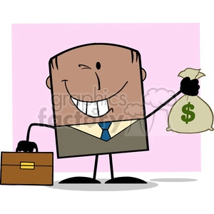 Winking African American Businessman With Briefcase Holding A Money Bag Cartoon Character On Background
