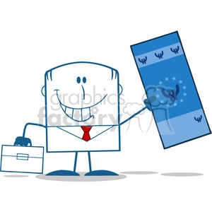 Royalty Free RF Clipart Illustration Lucky Businessman With Briefcase Holding A Euro Bill Monochrome Cartoon Character