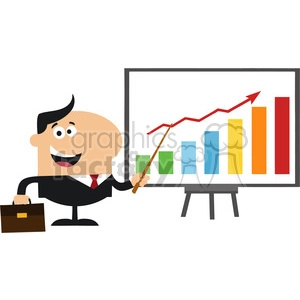 8349 Royalty Free RF Clipart Illustration Happy Manager Pointing To A Growth Chart On A Board Flat Style Vector Illustration