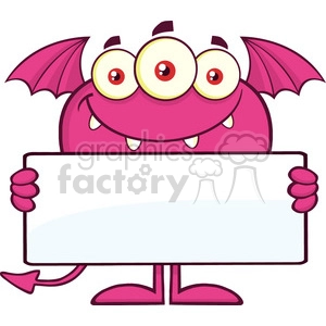 8919 Royalty Free RF Clipart Illustration Smiling Pink Monster Cartoon Character Holding A Blank Sign Vector Illustration Isolated On White
