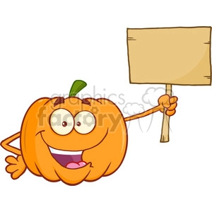 Royalty Free RF Clipart Illustration Funny Halloween Jackolantern Pumpkin Cartoon Mascot Character Holding A Wooden Board