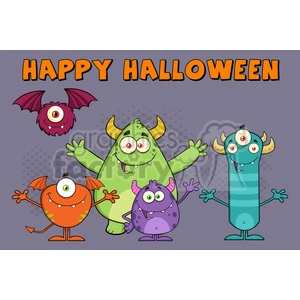 8941 Royalty Free RF Clipart Illustration Happy Funny Monsters Cartoon Characters Vector Illustration Greeting Card