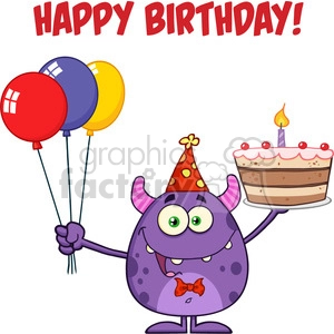 8914 Royalty Free RF Clipart Illustration Cute Monster Holding Up A Colorful Balloons And Birthday Cake Vector Illustration Isolated On White With Text