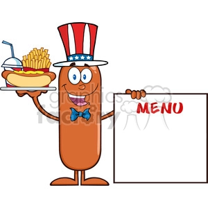 8500 Royalty Free RF Clipart Illustration Patriotic Sausage Cartoon Character Carrying A Hot Dog, French Fries And Cola Next To Menu Board Vector Illustration Isolated On White
