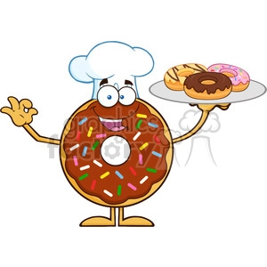 8702 Royalty Free RF Clipart Illustration Chef Chocolate Donut Cartoon Character Serving Donuts Vector Illustration Isolated On White