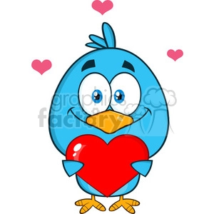 8821 Royalty Free RF Clipart Illustration Cute Blue Bird Cartoon Character Holding A Love Heart Vector Illustration Isolated On White