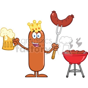 8475 Royalty Free RF Clipart Illustration Happy King Sausage Cartoon Character Holding A Beer And Weenie Next To BBQ Vector Illustration Isolated On White