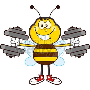 8375 Royalty Free RF Clipart Illustration Smiling Bee Cartoon Mascot Character Training With Dumbbells Vector Illustration Isolated On White