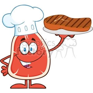8412 Royalty Free RF Clipart Illustration Chef Steak Cartoon Mascot Character Holding Up A Platter With Grilled Steak Vector Illustration Isolated On White