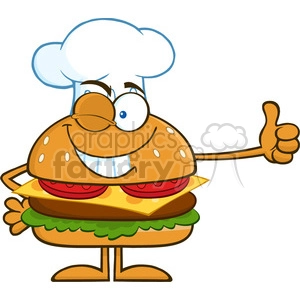 8579 Royalty Free RF Clipart Illustration Winking Chef Hamburger Cartoon Character Showing Thumbs Up Vector Illustration Isolated On White