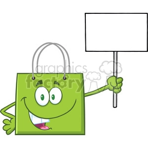 8763 Royalty Free RF Clipart Illustration Green Shopping Bag Cartoon Character Holding Up A Blank Sign Vector Illustration Isolated On White
