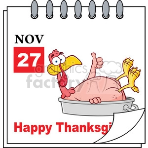 Royalty Free RF Clipart Illustration Cartoon Calendar Page With Smiling Turkey Bird In The Pan Giving A Thumb Up And Happy Thanksgiving Greeting