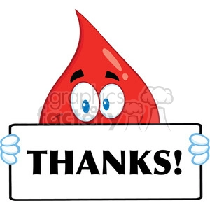 Royalty Free RF Clipart Illustration Smiling Red Blood Drop Cartoon Mascot Character Holding A Banner With Text Thanks