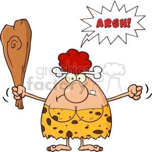 angry red hair cave woman cartoon mascot character holding up a fist and a club vector illustration with speech bubble and text argh