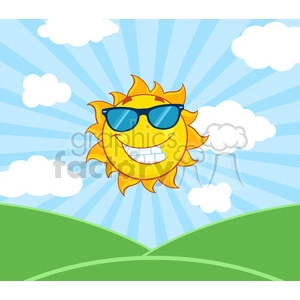 royalty free rf clipart illustration sunshine smiling sun mascot cartoon character with sunglasses over landscape vector illustration with suburst background
