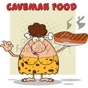 brunette cave woman cartoon mascot character holding a big steak and gesturing ok vector illustration with text caveman food