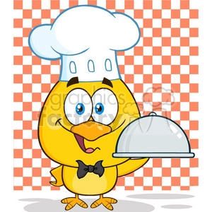 royalty free rf clipart illustration happy chef yellow chick cartoon character holding a cloche platter holding a platter over checkers vector illustration isolated on white