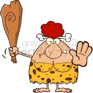 angry red hair cave woman cartoon mascot character gesturing and standing with a spear vector illustration