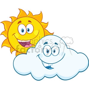 royalty free rf clipart illustration happy summer sun and smiling cloud mascot cartoon characters vector illustration isolated on white background