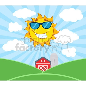 royalty free rf clipart illustration smiling sun mascot cartoon character with sunglasses vector illustration with farm barn and silo fields background