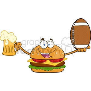illustration happy burger cartoon mascot character holding a beer and american football ball vector illustration isolated on white background