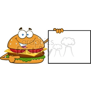 illustration funny burger cartoon mascot character pointing to a blank sign banner vector illustration isolated on white background