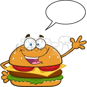 illustration happy burger cartoon mascot character waving for greeting with speech bubble vector illustration isolated on white background