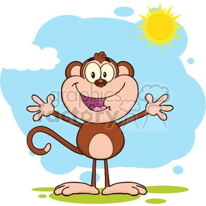 royalty free rf clipart illustration happy welcoming monkey cartoon character standing upright with open arms in the sun vector illustration isolated on white
