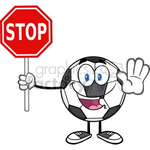 funny soccer ball cartoon mascot character gesturing and holding a stop sign vector illustration isolated on white background