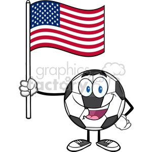 happy soccer ball cartoon mascot character holding a flag of the united states vector illustration isolated on white background