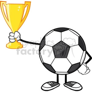 soccer ball cartoon character holding a golden trophy cup vector illustration isolated on white background