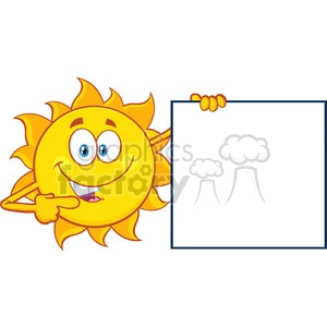 talking sun cartoon mascot character pointing to a blank sign vector illustration isolated on white background