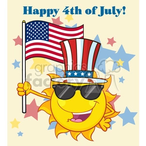 cute sun cartoon mascot character with sunglasses and patriotic hat holding an american flag vector illustration with background text happy 4th july