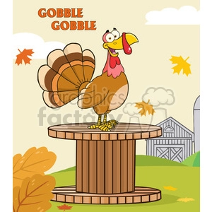 happy turkey bird cartoon character on a giant spool in a barnyard vector illustration with background and text