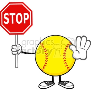 softball faceless cartoon mascot character gesturing and holding a stop sign vector illustration isolated on white background