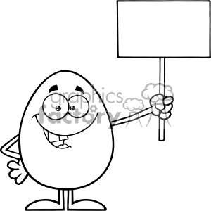 10929 Royalty Free RF Clipart Black And White Talking Egg Cartoon Mascot Character Holding A Blank Sign Vector Illustration