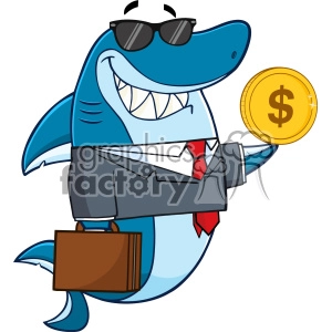 Smiling Business Shark Cartoon In Suit Carrying A Briefcase And Holding A Goden Dollar Coin Vector