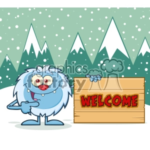 Cute Little Yeti Cartoon Mascot Character Pointing To A Welcome Wooden Sign Vector With Winter Background