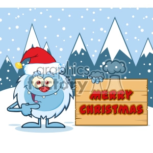 Happy Little Yeti Cartoon Mascot Character With Santa Hat Pointing To A Merry Christmas Wooden Sign Vector With Snow Montains Background