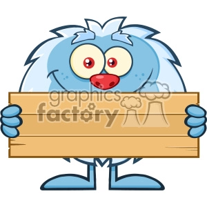 Cute Little Yeti Cartoon Mascot Character Holding Wooden Blank Sign Vector