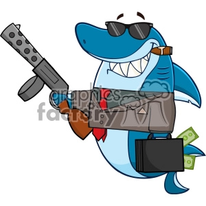 Smiling Shark Gangster Cartoon Carrying A Briefcase Holding A Big Gun And Smoking A Cigar Vector