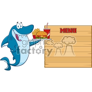 Cute Blue Shark Cartoon Holding A Platter With Burger French Fries And A Soda To Wooden Blank Board With Text Menu Vector Illustration