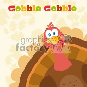 Thanksgiving Turkey Bird Cartoon Mascot Character Peeking From A Corner Vector Flat Design Over Background With Autumn Leaves And Text Gobble Gobble
