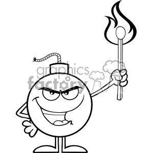 10792 Royalty Free RF Clipart Black And White Evil Bomb Cartoon Mascot Character Holding Up A Flaming Match Vector Illustration